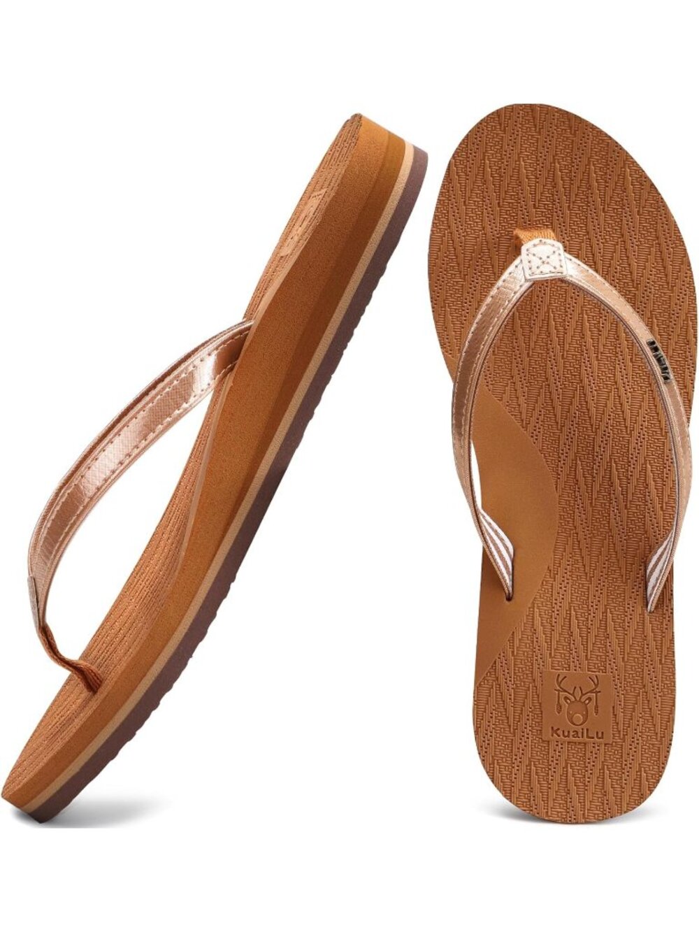 Women's Shiny Khaki Faux Leather Fashion Flip Flops Ladies Lightweight Sandals